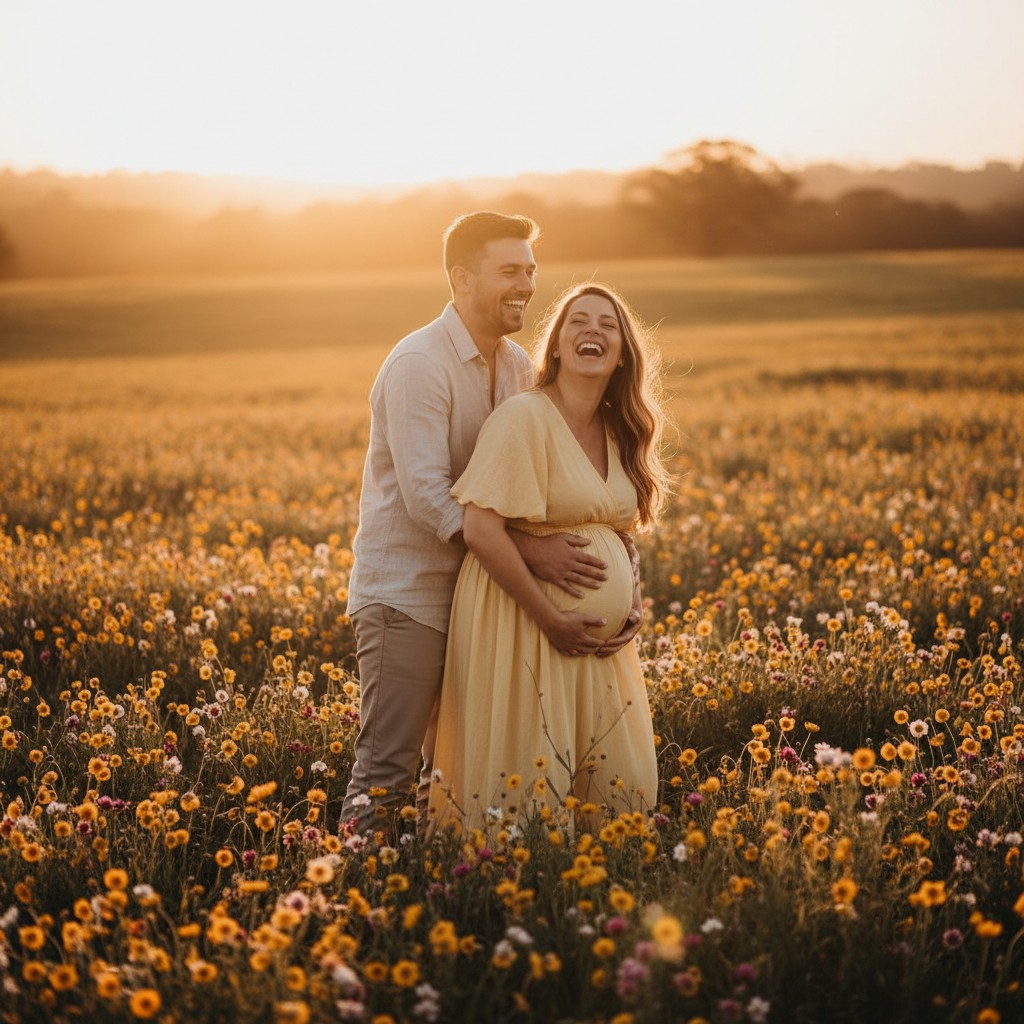 A realistic, high-quality photograph of a pregnant couple laughing joyfully in a field of golden Australian wildflowers at sunset, capturing a natural and intimate moment of connection, shot with a shallow depth of field, warm light, professional lifestyle maternity photography style.