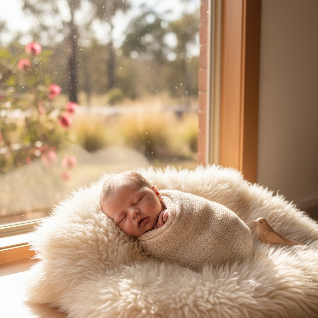 A realistic, high-quality photograph of a newborn baby peacefully sleeping, swaddled in a natural fiber wrap, lying on a soft, textured rug. The setting is indoors, near a large window, with abundant natural light. Through the softly blurred window, a glimpse of a typical Australian suburban garden or bushland can be seen, emphasizing a natural lifestyle. Props are minimal, focusing on the baby's comfort and simplicity.