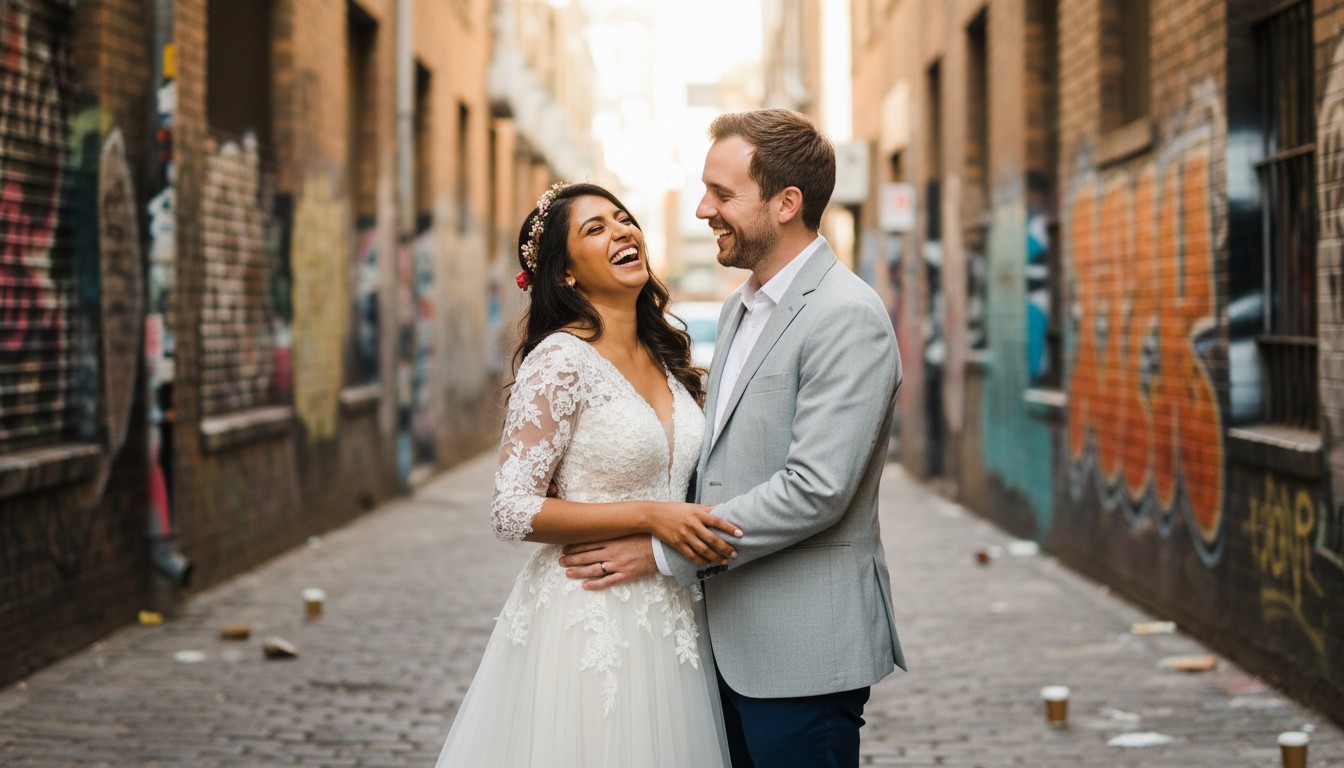 A candid, joyful moment of a newlywed couple laughing together in a vibrant, graffiti-adorned Fitzroy laneway, Melbourne. The image has a high-end, romantic fine-art style, with soft focus on the couple and the urban backdrop slightly blurred, emphasizing their connection. Warm, diffused natural light, no text.