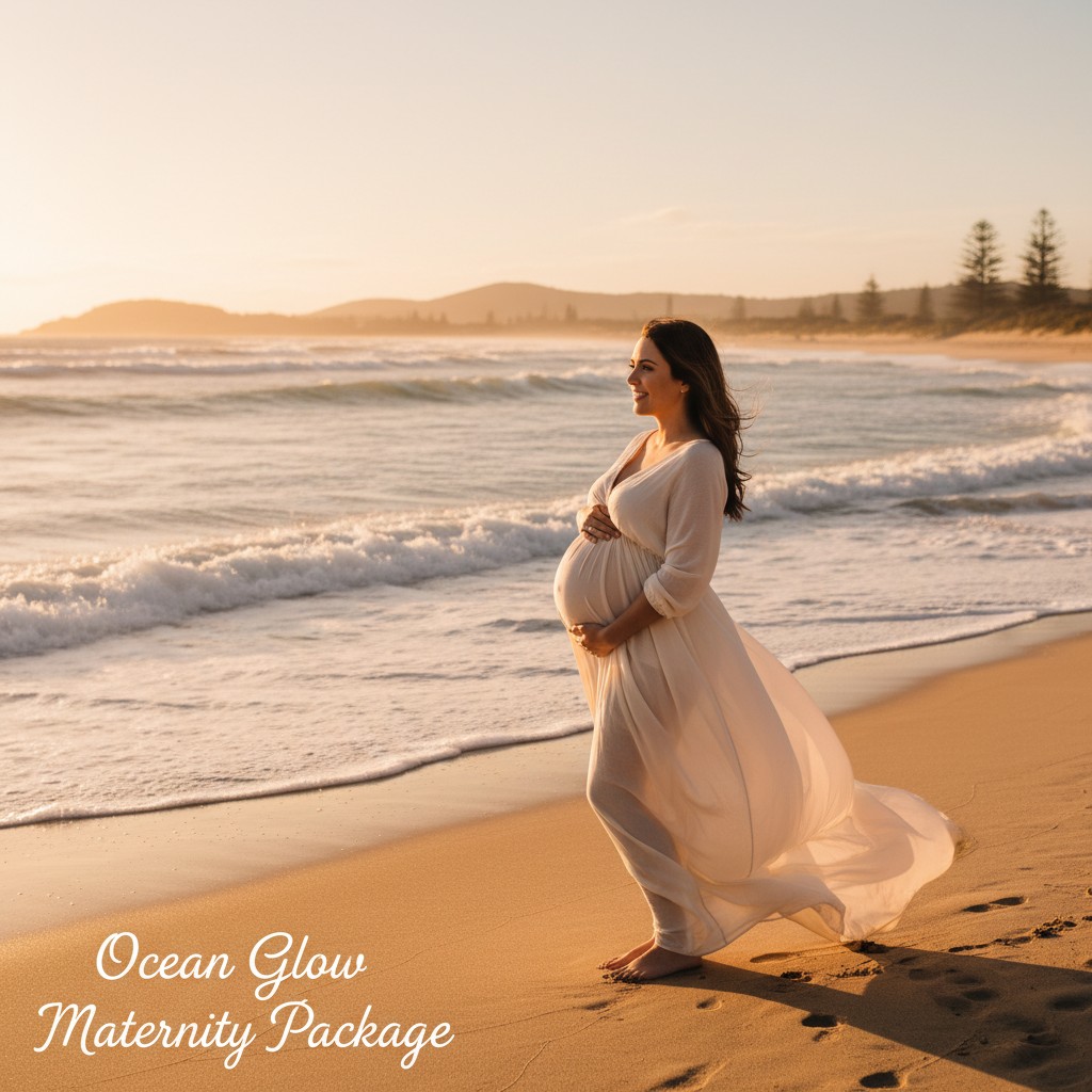 A realistic, high-quality photograph of a pregnant woman during a relaxed maternity photoshoot on a golden sand beach in Australia at sunset, with the gentle waves in the background. She is wearing a flowing, light-colored dress, and the natural golden hour light illuminates her and her baby bump, capturing a sense of calm and natural beauty. The image should convey a lifestyle photography feel, suitable for showcasing outdoor package options.