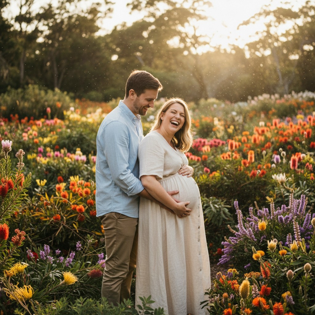 A candid, high-quality photograph of a pregnant woman and her partner laughing together during an outdoor maternity photoshoot in a vibrant Australian botanical garden or a field of native wildflowers, showcasing a relaxed and joyful atmosphere. Emphasize natural light and authentic emotion. Realistic photography style, no text.