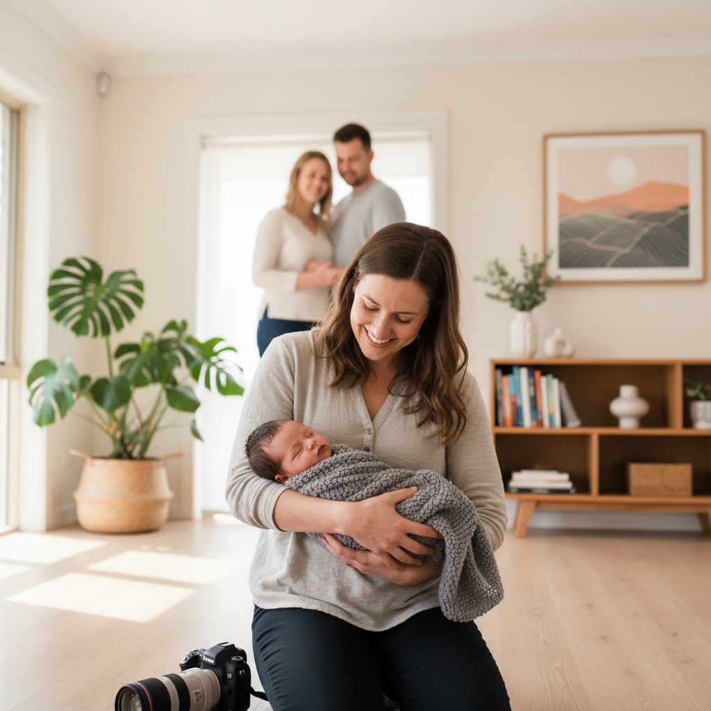 A professional female photographer with a warm smile, gently interacting with a newborn baby wrapped in a soft grey blanket, while the baby's parents (blurred in the background for privacy) watch affectionately. The setting is a bright, airy living room with subtle Australian-inspired decor, such as a large indoor plant or a wooden bookshelf, suggesting a comfortable, natural lifestyle photography session within an Australian home.
