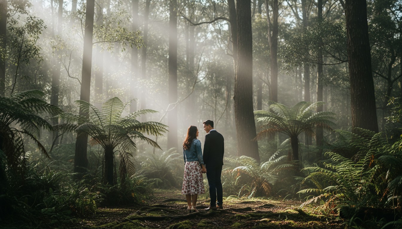 A realistic, high-quality photograph of a couple enjoying a relaxed and intimate moment amidst the lush, misty forests of the Dandenong Ranges in Victoria. The mood is serene and romantic, with soft natural light filtering through tall trees and ferns. The image should convey authenticity and connection, without being overly posed. Explicitly use the provided sample image as a reference for the overall style, mood, and to maintain consistency with any people featured in it. Avoid any text overlay and transparent backgrounds.