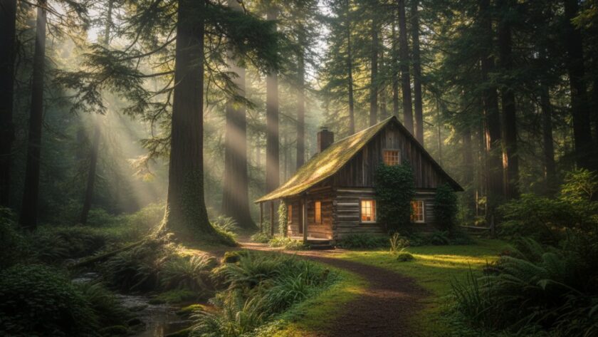 A captivating long-exposure photograph showcasing the unique architectural photography Sherbrooke Dandenongs rustic charm of an historic timber cottage bathed in the golden hour, mist rising from the surrounding fern gully, evoking a sense of timeless tranquility.