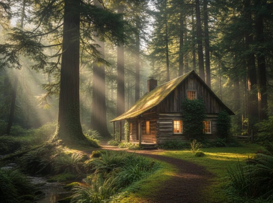 A captivating long-exposure photograph showcasing the unique architectural photography Sherbrooke Dandenongs rustic charm of an historic timber cottage bathed in the golden hour, mist rising from the surrounding fern gully, evoking a sense of timeless tranquility.