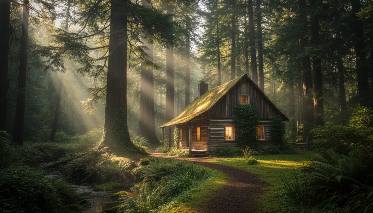 A captivating long-exposure photograph showcasing the unique architectural photography Sherbrooke Dandenongs rustic charm of an historic timber cottage bathed in the golden hour, mist rising from the surrounding fern gully, evoking a sense of timeless tranquility.