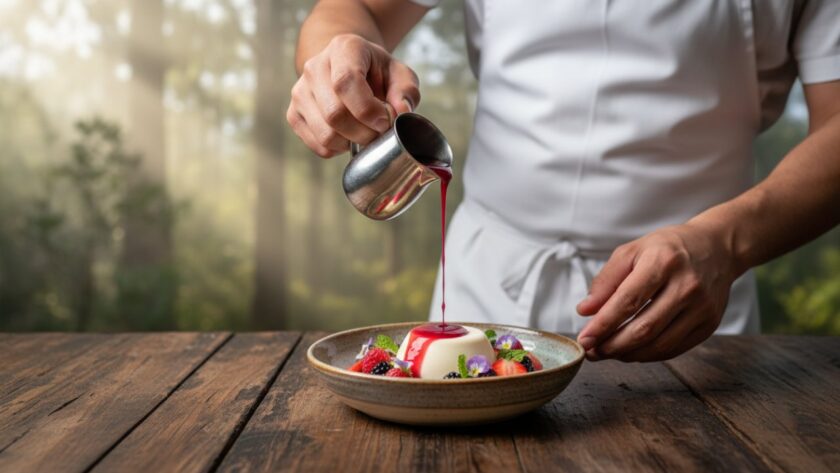 Dynamic close-up of a chef meticulously garnishing a vibrant dish with fresh herbs from Toolangi, capturing the essence of artisan food photography Toolangi gourmet style, bathed in warm, natural light from a rustic kitchen window.