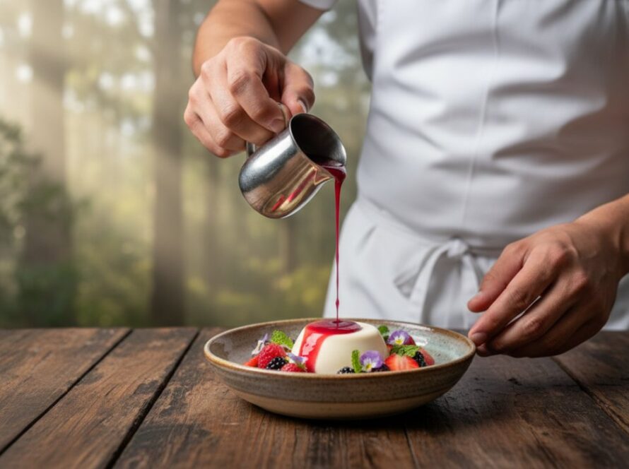 Dynamic close-up of a chef meticulously garnishing a vibrant dish with fresh herbs from Toolangi, capturing the essence of artisan food photography Toolangi gourmet style, bathed in warm, natural light from a rustic kitchen window.