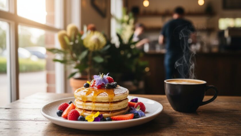 An epic moment captured: a perfectly styled close-up of a rustic, steaming berry tart, garnished with fresh mint and a dusting of icing sugar, glowing in soft morning light within a charming Woori Yallock cafe setting, showcasing expert Artisan Food Photography Woori Yallock Cafes.