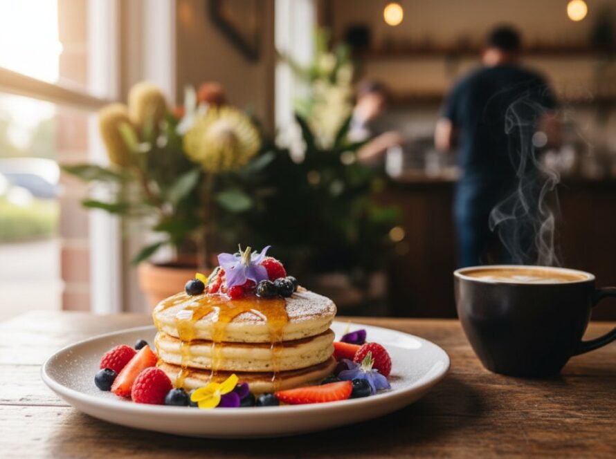 An epic moment captured: a perfectly styled close-up of a rustic, steaming berry tart, garnished with fresh mint and a dusting of icing sugar, glowing in soft morning light within a charming Woori Yallock cafe setting, showcasing expert Artisan Food Photography Woori Yallock Cafes.