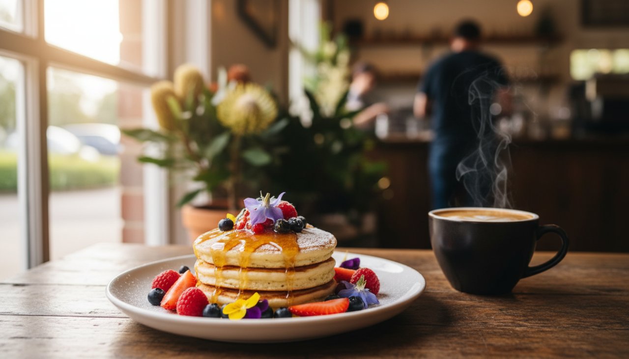 An epic moment captured: a perfectly styled close-up of a rustic, steaming berry tart, garnished with fresh mint and a dusting of icing sugar, glowing in soft morning light within a charming Woori Yallock cafe setting, showcasing expert Artisan Food Photography Woori Yallock Cafes.