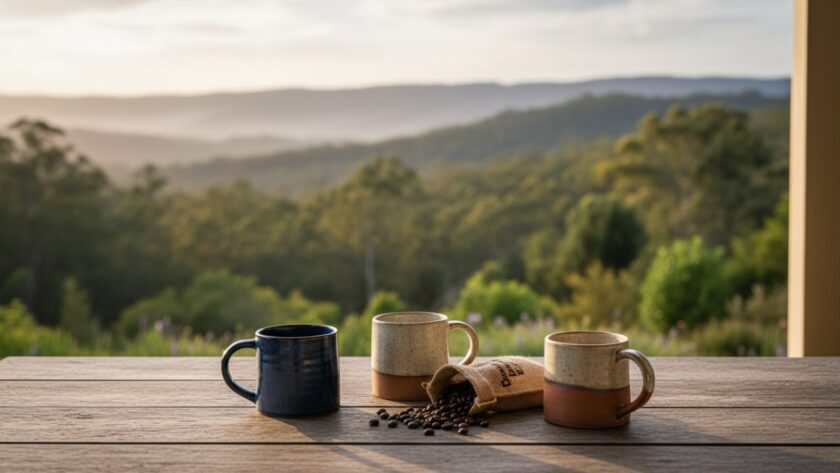 A beautifully composed flat lay showcasing artisanal handcrafted pottery and organic skincare products, bathed in soft, natural light from a window overlooking the lush Dandenong Ranges in The Patch, Victoria, captured with exquisite detail for artisan product photography The Patch Victoria bespoke studios.