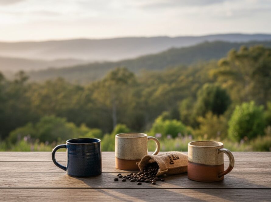 A beautifully composed flat lay showcasing artisanal handcrafted pottery and organic skincare products, bathed in soft, natural light from a window overlooking the lush Dandenong Ranges in The Patch, Victoria, captured with exquisite detail for artisan product photography The Patch Victoria bespoke studios.