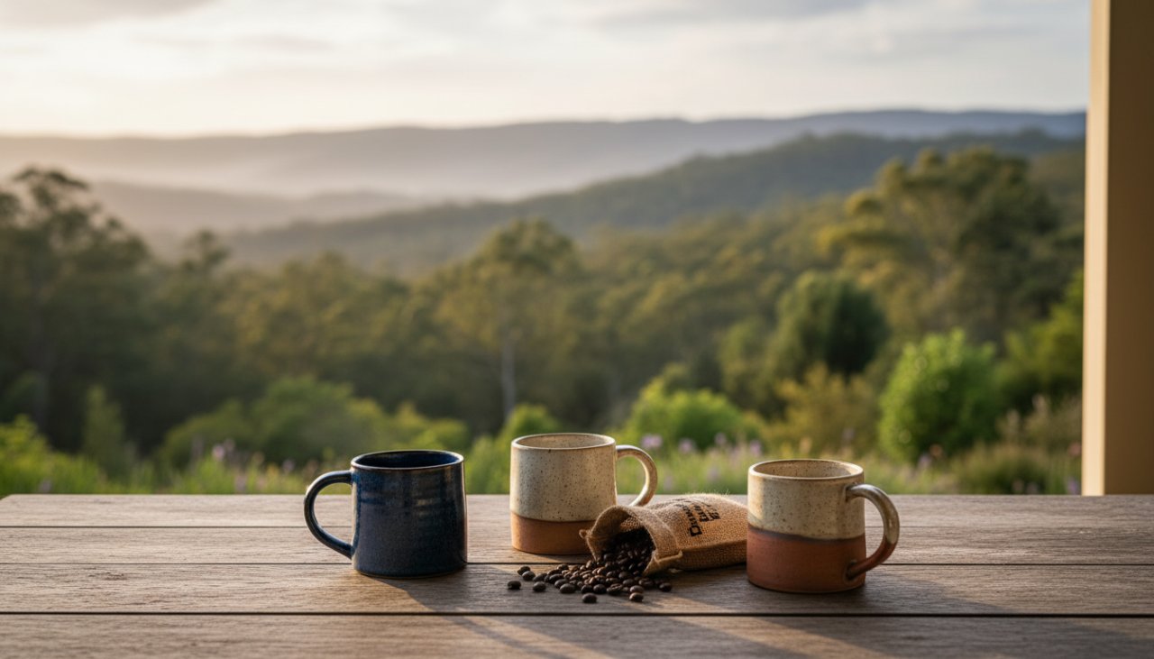 A beautifully composed flat lay showcasing artisanal handcrafted pottery and organic skincare products, bathed in soft, natural light from a window overlooking the lush Dandenong Ranges in The Patch, Victoria, captured with exquisite detail for artisan product photography The Patch Victoria bespoke studios.