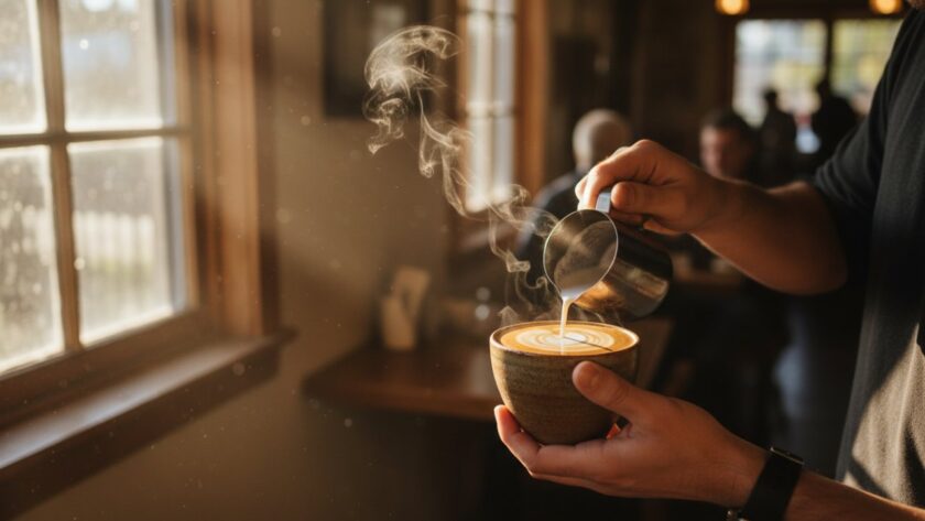An artistic, high-angle close-up capturing a barista's skilled hands pouring latte art into a ceramic cup, steam rising gracefully, set against the warm, rustic ambiance of a Bittern cafe kitchen, embodying artisanal food photography Bittern for local cafes.