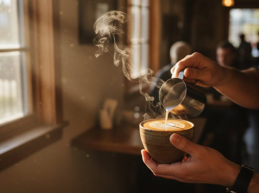 An artistic, high-angle close-up capturing a barista's skilled hands pouring latte art into a ceramic cup, steam rising gracefully, set against the warm, rustic ambiance of a Bittern cafe kitchen, embodying artisanal food photography Bittern for local cafes.