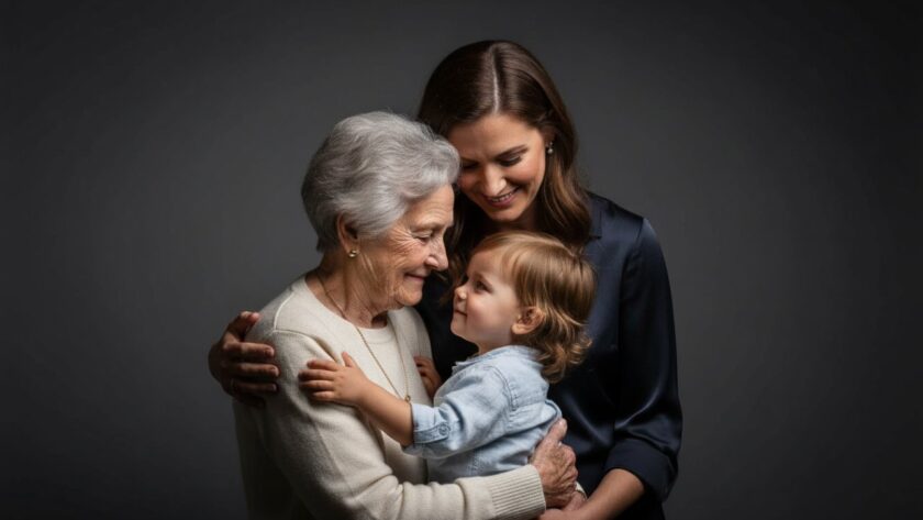 A heartwarming and artistic family studio portrait in Olinda, featuring three generations embracing amidst soft, dramatic lighting, capturing a tender, epic moment of connection and legacy.
