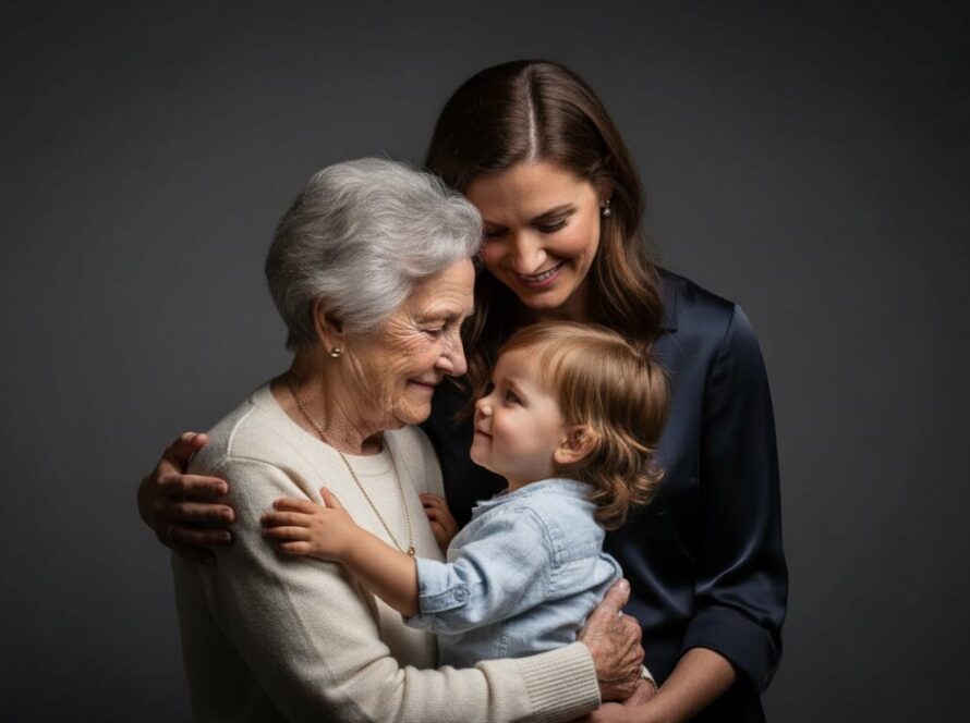 A heartwarming and artistic family studio portrait in Olinda, featuring three generations embracing amidst soft, dramatic lighting, capturing a tender, epic moment of connection and legacy.