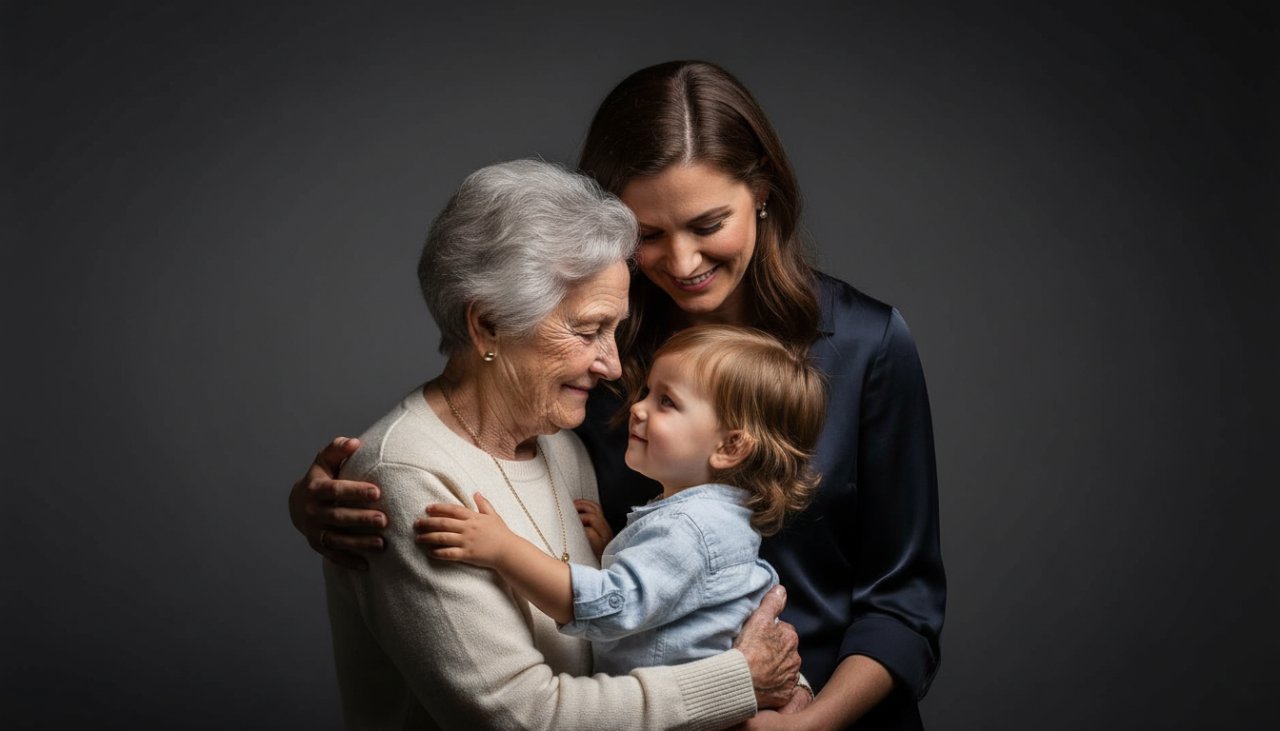 A heartwarming and artistic family studio portrait in Olinda, featuring three generations embracing amidst soft, dramatic lighting, capturing a tender, epic moment of connection and legacy.