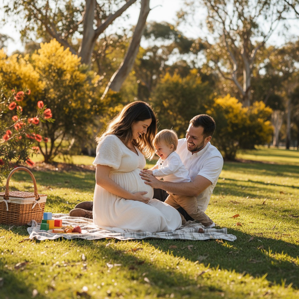 A candid, joyful moment between an expectant couple and their young child (sibling-to-be) on a picnic blanket in a sunlit Australian park, with iconic Australian flora in the soft-focus background. The pregnant mother is smiling, holding her bump, while the father and child interact playfully with her, showcasing family connection and natural interaction during a maternity photoshoot. High-quality, realistic photograph.