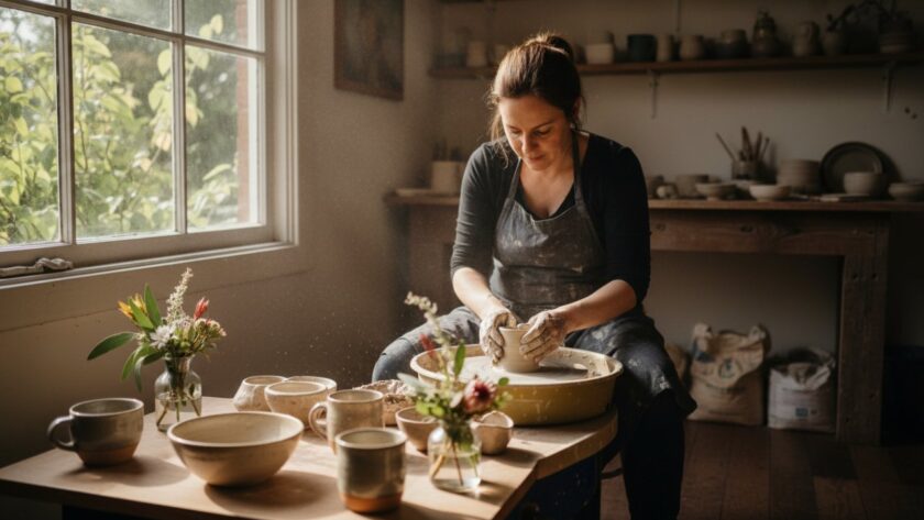 A vibrant, candid 'epic moment' photograph showcasing authentic Avonsleigh branding photography for small businesses, featuring a local artisan passionately crafting pottery in her sunlit Avonsleigh studio, surrounded by native flora, with a warm, golden hour glow.