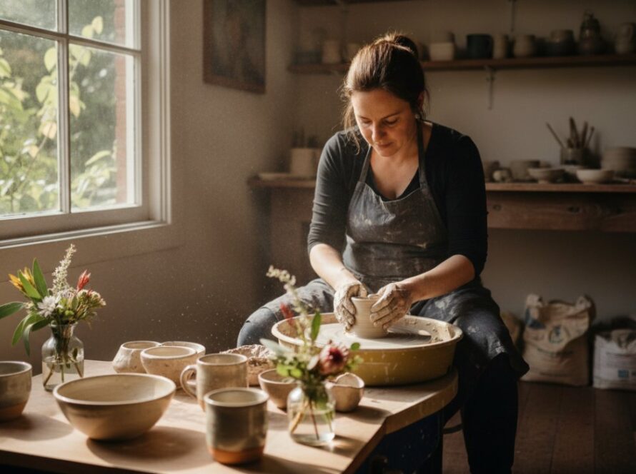 A vibrant, candid 'epic moment' photograph showcasing authentic Avonsleigh branding photography for small businesses, featuring a local artisan passionately crafting pottery in her sunlit Avonsleigh studio, surrounded by native flora, with a warm, golden hour glow.