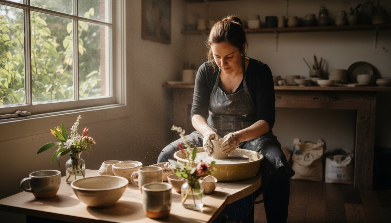 A vibrant, candid 'epic moment' photograph showcasing authentic Avonsleigh branding photography for small businesses, featuring a local artisan passionately crafting pottery in her sunlit Avonsleigh studio, surrounded by native flora, with a warm, golden hour glow.