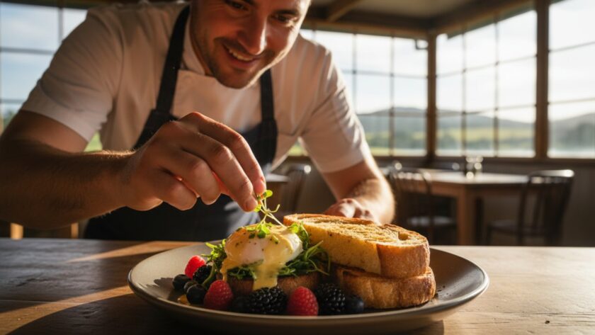 An epic moment capturing authentic Badger Creek food photography for local cafes, featuring a beautifully plated artisan brunch dish with local produce, bathed in natural light on a rustic wooden table, with the lush Yarra Valley landscape subtly blurred in the background, conveying freshness and local charm.