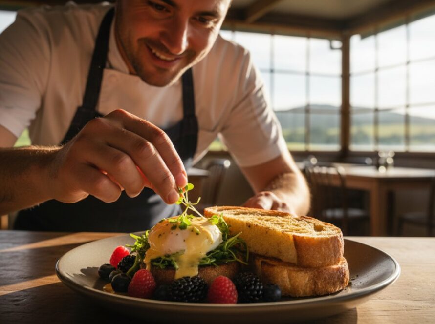 An epic moment capturing authentic Badger Creek food photography for local cafes, featuring a beautifully plated artisan brunch dish with local produce, bathed in natural light on a rustic wooden table, with the lush Yarra Valley landscape subtly blurred in the background, conveying freshness and local charm.