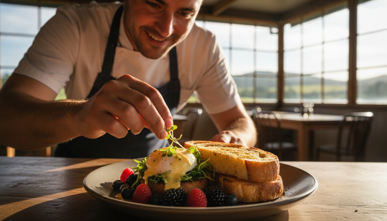 An epic moment capturing authentic Badger Creek food photography for local cafes, featuring a beautifully plated artisan brunch dish with local produce, bathed in natural light on a rustic wooden table, with the lush Yarra Valley landscape subtly blurred in the background, conveying freshness and local charm.