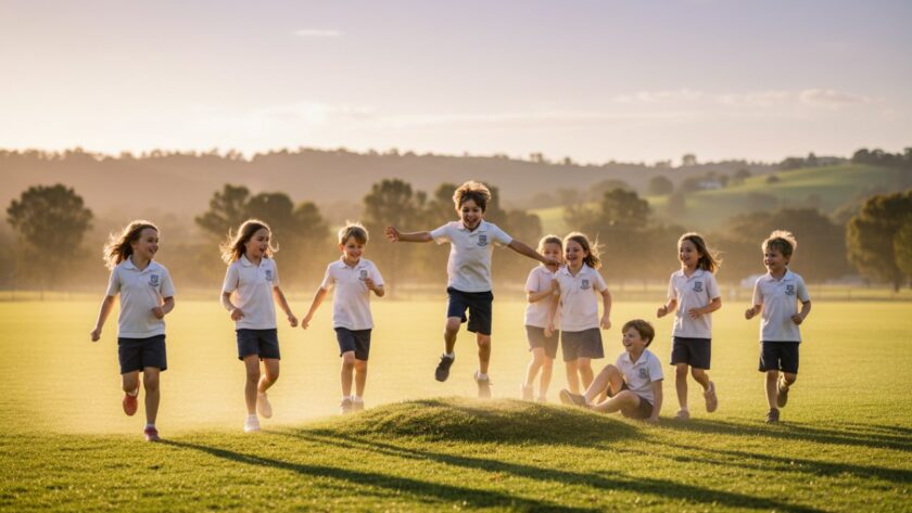 A joyful group of primary school children in Badger Creek, Victoria, laughing and running through dappled sunlight on their school oval, perfectly encapsulating authentic Badger Creek school photos Victoria and the vibrant spirit of childhood during an epic moment of play.