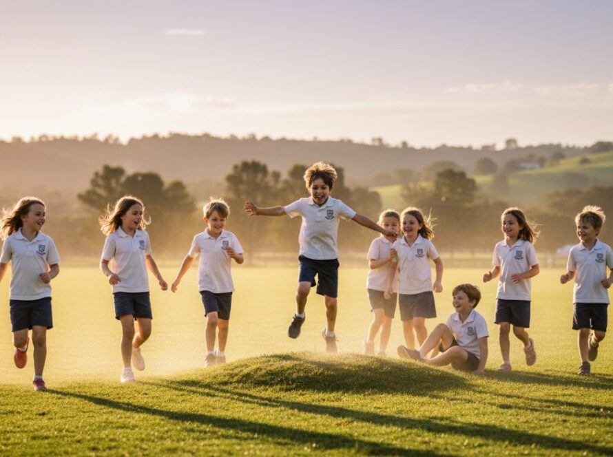 A joyful group of primary school children in Badger Creek, Victoria, laughing and running through dappled sunlight on their school oval, perfectly encapsulating authentic Badger Creek school photos Victoria and the vibrant spirit of childhood during an epic moment of play.