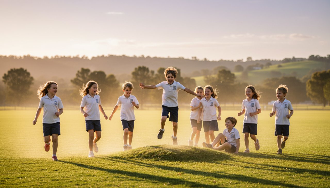 A joyful group of primary school children in Badger Creek, Victoria, laughing and running through dappled sunlight on their school oval, perfectly encapsulating authentic Badger Creek school photos Victoria and the vibrant spirit of childhood during an epic moment of play.
