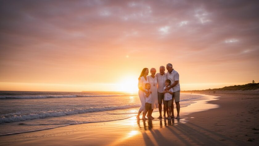 An authentic Balnarring Beach candid family photography moment showing a family laughing and embracing at sunset, waves gently lapping, with dramatic golden hour light illuminating their joyous interaction.