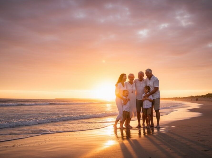 An authentic Balnarring Beach candid family photography moment showing a family laughing and embracing at sunset, waves gently lapping, with dramatic golden hour light illuminating their joyous interaction.