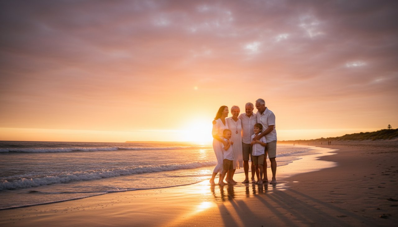 An authentic Balnarring Beach candid family photography moment showing a family laughing and embracing at sunset, waves gently lapping, with dramatic golden hour light illuminating their joyous interaction.