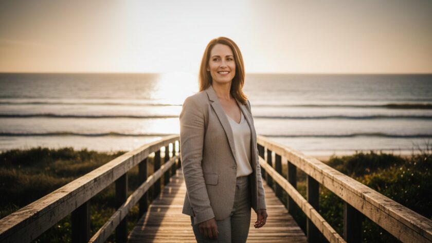 A compelling, low-angle portrait of a professional woman with a warm, genuine smile, standing confidently on a rustic wooden deck overlooking the sun-drenched Balnarring Beach, capturing authentic Balnarring professional headshots for career growth in an epic moment, with dramatic backlighting and a shallow depth of field.
