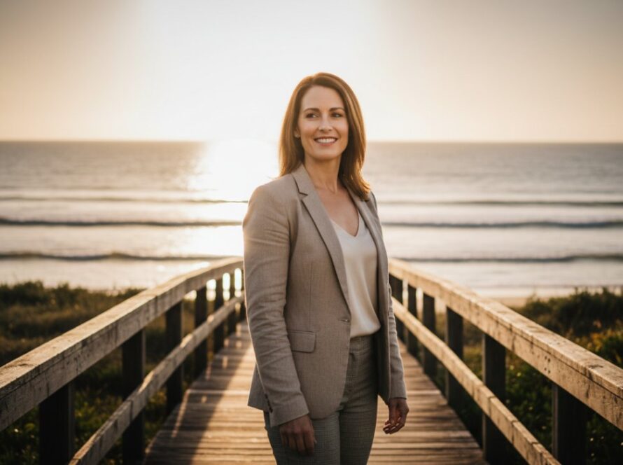 A compelling, low-angle portrait of a professional woman with a warm, genuine smile, standing confidently on a rustic wooden deck overlooking the sun-drenched Balnarring Beach, capturing authentic Balnarring professional headshots for career growth in an epic moment, with dramatic backlighting and a shallow depth of field.