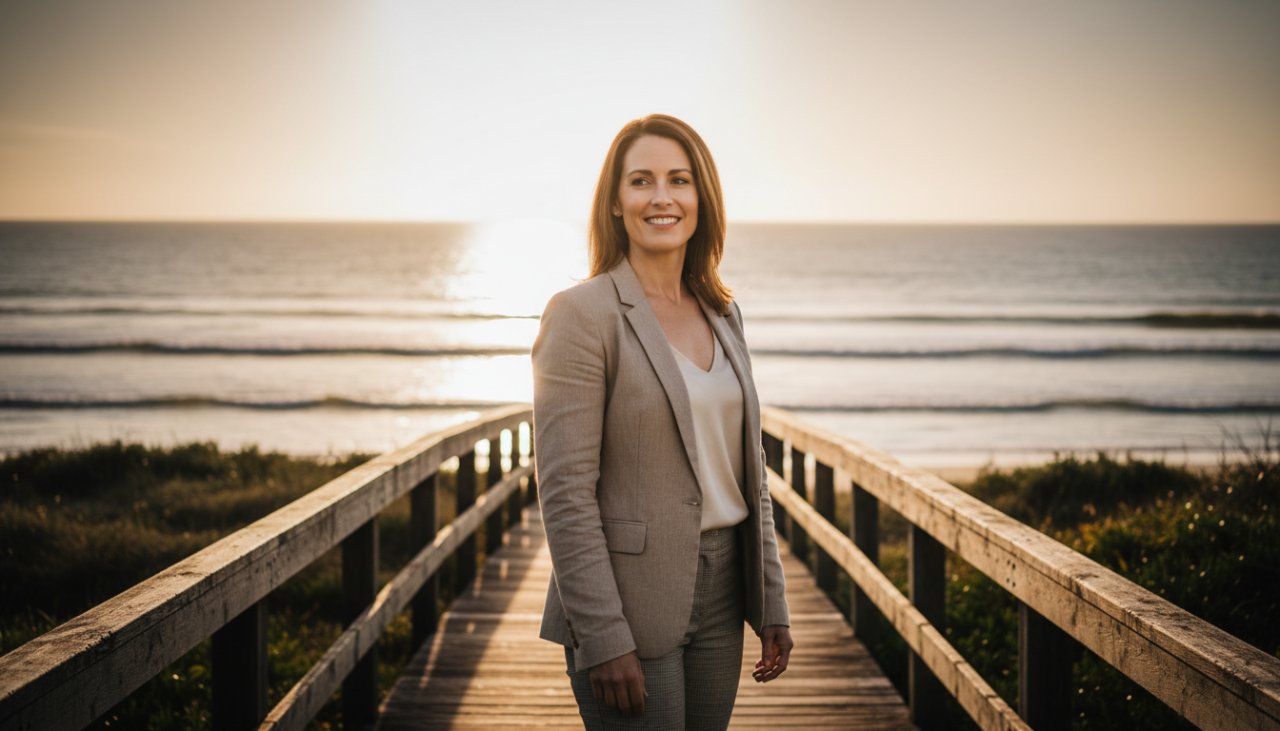 A compelling, low-angle portrait of a professional woman with a warm, genuine smile, standing confidently on a rustic wooden deck overlooking the sun-drenched Balnarring Beach, capturing authentic Balnarring professional headshots for career growth in an epic moment, with dramatic backlighting and a shallow depth of field.
