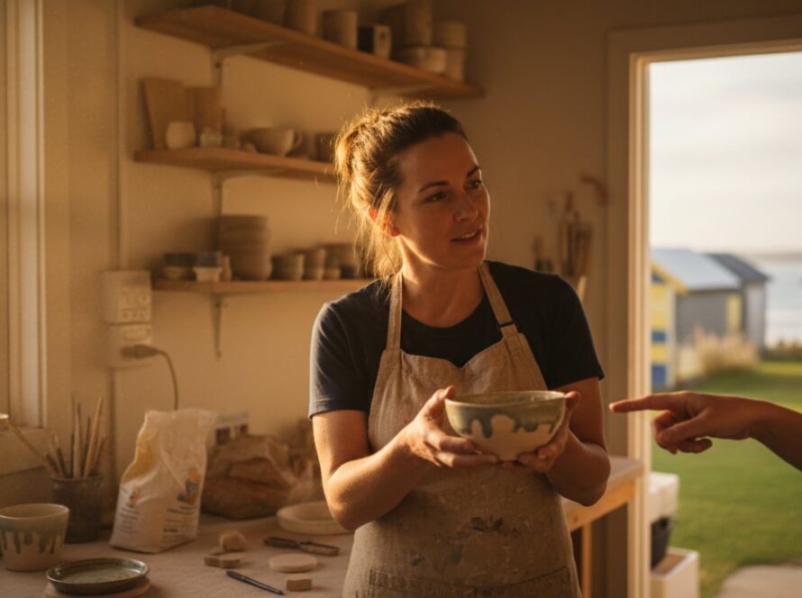 A captivating photograph showcasing authentic brand storytelling photography Mornington Peninsula, featuring a small business owner passionately discussing their handcrafted artisan products with a customer at a bustling Mornington market, sun-drenched, with the iconic beach huts in the background and a vibrant, energetic atmosphere.