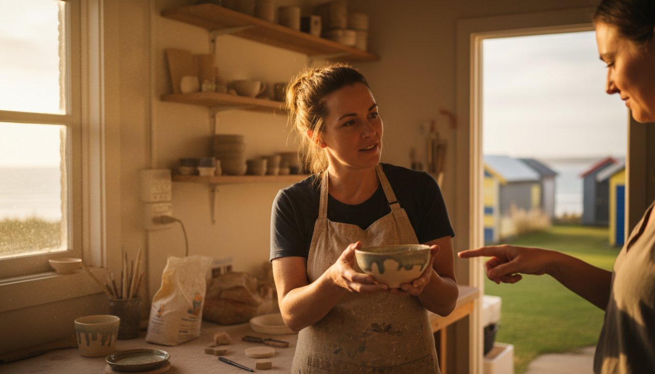 A captivating photograph showcasing authentic brand storytelling photography Mornington Peninsula, featuring a small business owner passionately discussing their handcrafted artisan products with a customer at a bustling Mornington market, sun-drenched, with the iconic beach huts in the background and a vibrant, energetic atmosphere.