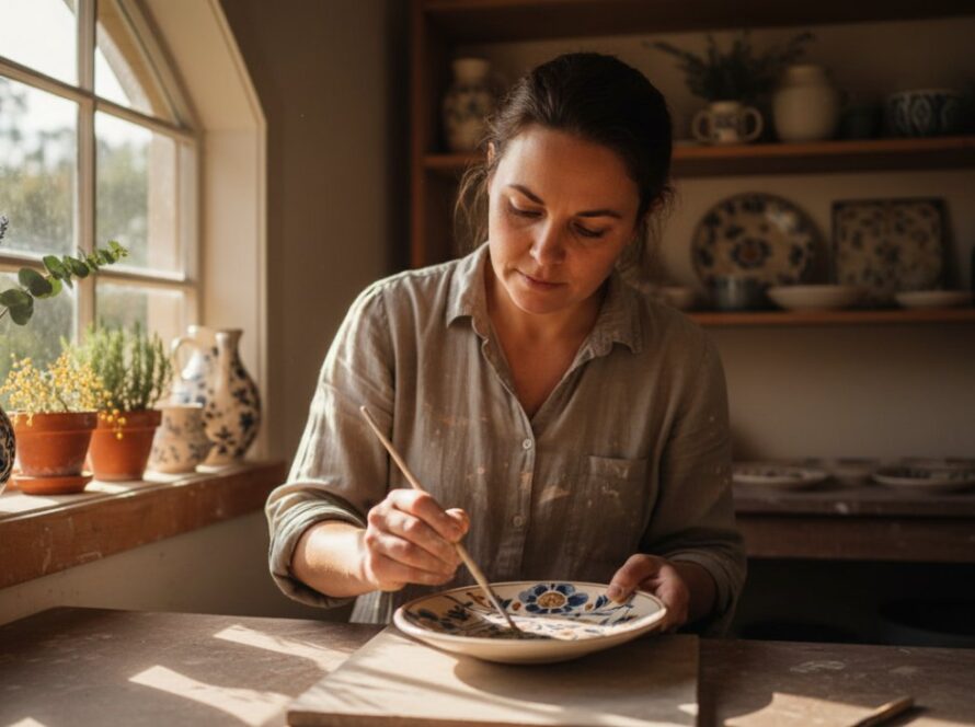 A local artisan in Seville East, bathed in warm afternoon light, passionately crafting a unique product, exemplifying authentic brand storytelling photography. The scene captures a moment of creative focus amidst the rustic charm of a Yarra Valley workshop, conveying dedication and craftsmanship.