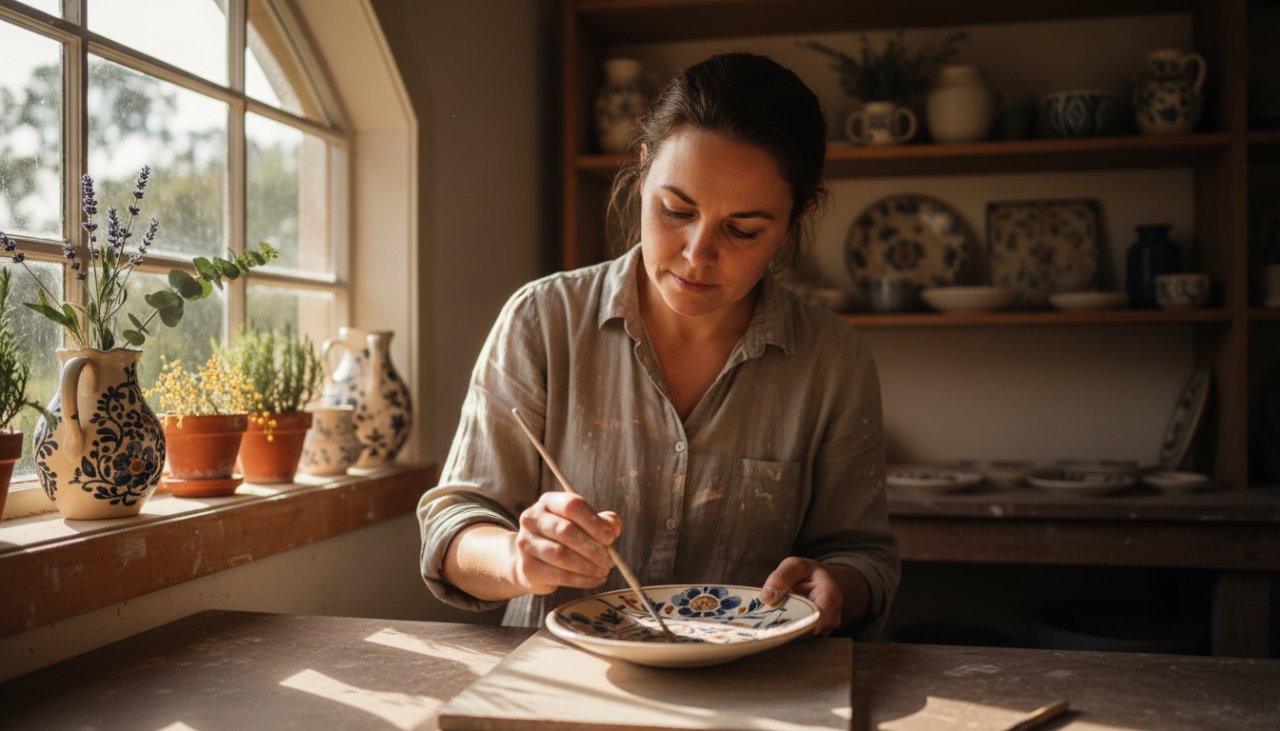 A local artisan in Seville East, bathed in warm afternoon light, passionately crafting a unique product, exemplifying authentic brand storytelling photography. The scene captures a moment of creative focus amidst the rustic charm of a Yarra Valley workshop, conveying dedication and craftsmanship.