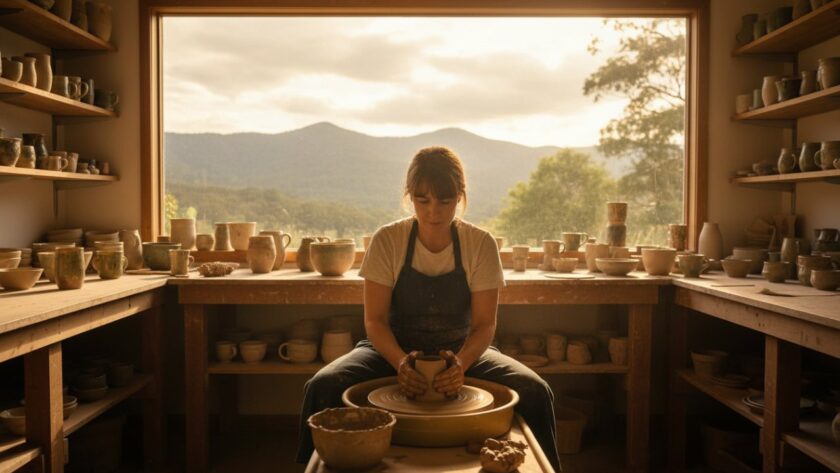 An epic moment captured: A female artisan in Belgrave, Victoria, proudly showcasing her handcrafted pottery in a beautifully lit, rustic studio, conveying the unique story behind her small business through authentic branding photography Belgrave. Golden hour light streams through a large window, highlighting the texture of the clay and the warmth of her creative space. She smiles genuinely at the camera, her hands gently holding a finished ceramic piece, embodying passion and dedication.
