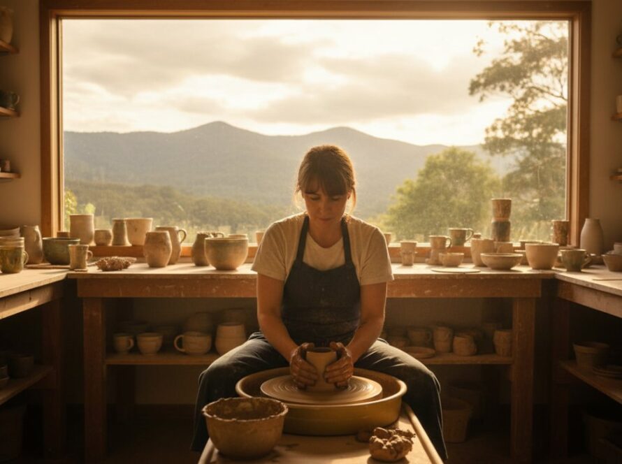 An epic moment captured: A female artisan in Belgrave, Victoria, proudly showcasing her handcrafted pottery in a beautifully lit, rustic studio, conveying the unique story behind her small business through authentic branding photography Belgrave. Golden hour light streams through a large window, highlighting the texture of the clay and the warmth of her creative space. She smiles genuinely at the camera, her hands gently holding a finished ceramic piece, embodying passion and dedication.