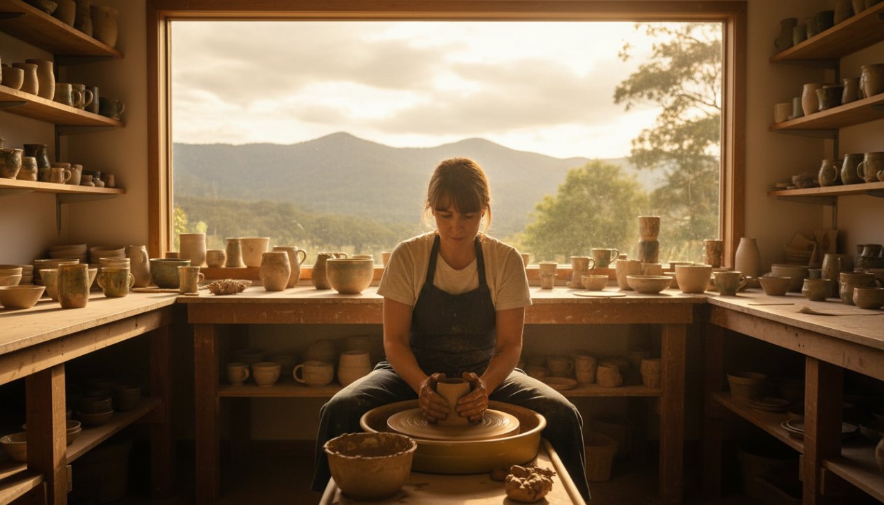 An epic moment captured: A female artisan in Belgrave, Victoria, proudly showcasing her handcrafted pottery in a beautifully lit, rustic studio, conveying the unique story behind her small business through authentic branding photography Belgrave. Golden hour light streams through a large window, highlighting the texture of the clay and the warmth of her creative space. She smiles genuinely at the camera, her hands gently holding a finished ceramic piece, embodying passion and dedication.