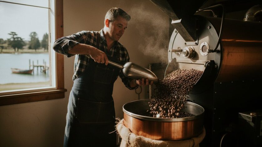 A vibrant, cinematic shot of a local artisanal baker proudly presenting their freshly baked sourdough bread in a sun-drenched Crib Point bakery, showcasing authentic branding photography Crib Point Victoria with dramatic backlighting and a warm, inviting atmosphere.