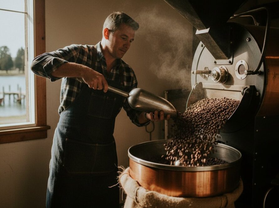 A vibrant, cinematic shot of a local artisanal baker proudly presenting their freshly baked sourdough bread in a sun-drenched Crib Point bakery, showcasing authentic branding photography Crib Point Victoria with dramatic backlighting and a warm, inviting atmosphere.