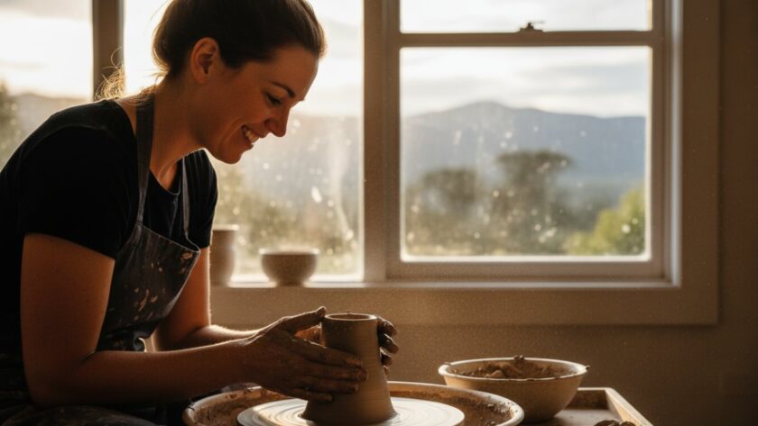 Dynamic shot of a local artisan in Emerald showcasing their craft with authentic branding photography Emerald businesses can use for marketing, natural light, workshop setting, focus on hands creating.
