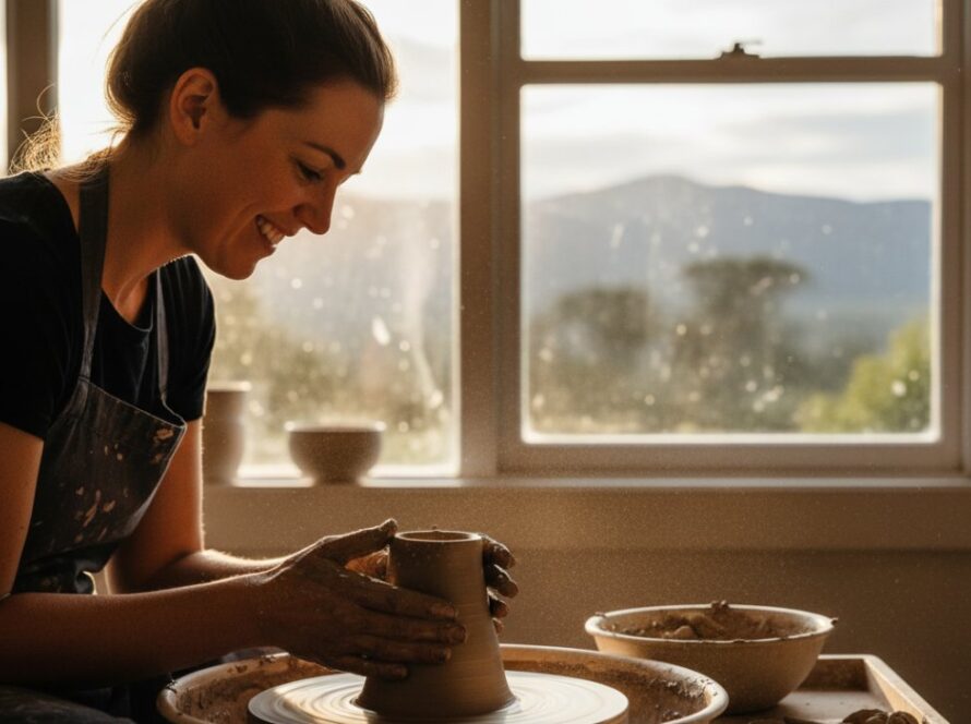 Dynamic shot of a local artisan in Emerald showcasing their craft with authentic branding photography Emerald businesses can use for marketing, natural light, workshop setting, focus on hands creating.